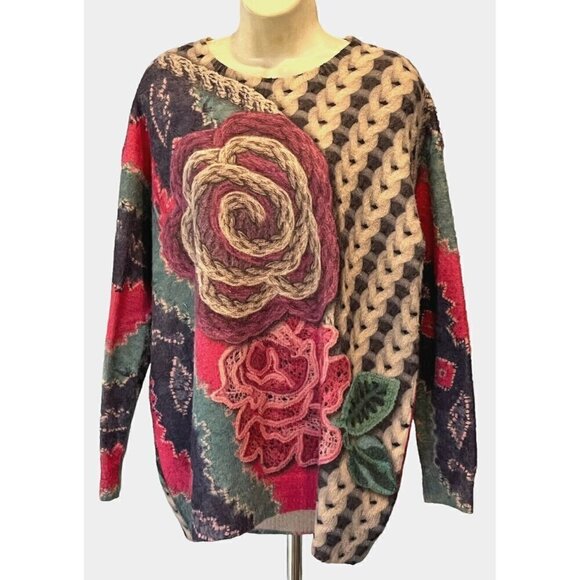New Yesno Wool Cotton Roses Graphic Oversized Crew Neck Sweater Pullover - Picture 1 of 5